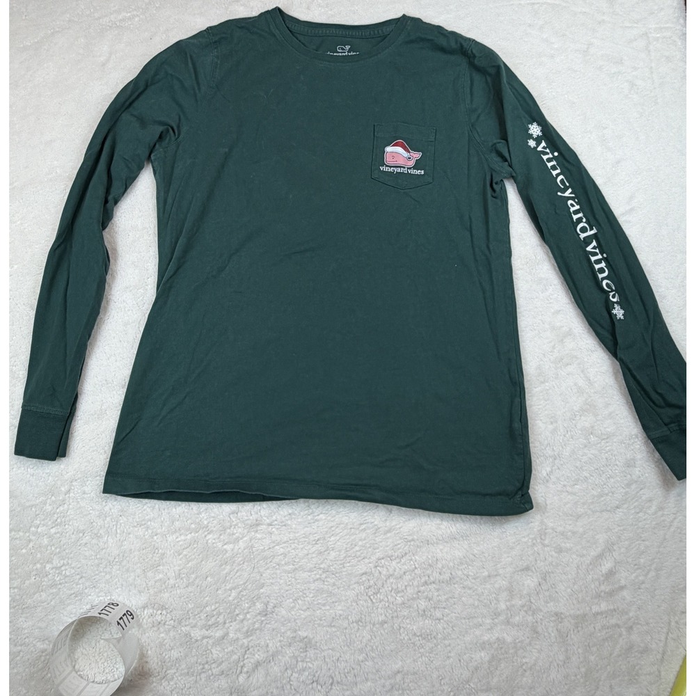 Vineyard Vines Mens Small Green Santa Whale Long Sleeve Pocket T-Shirt Holiday